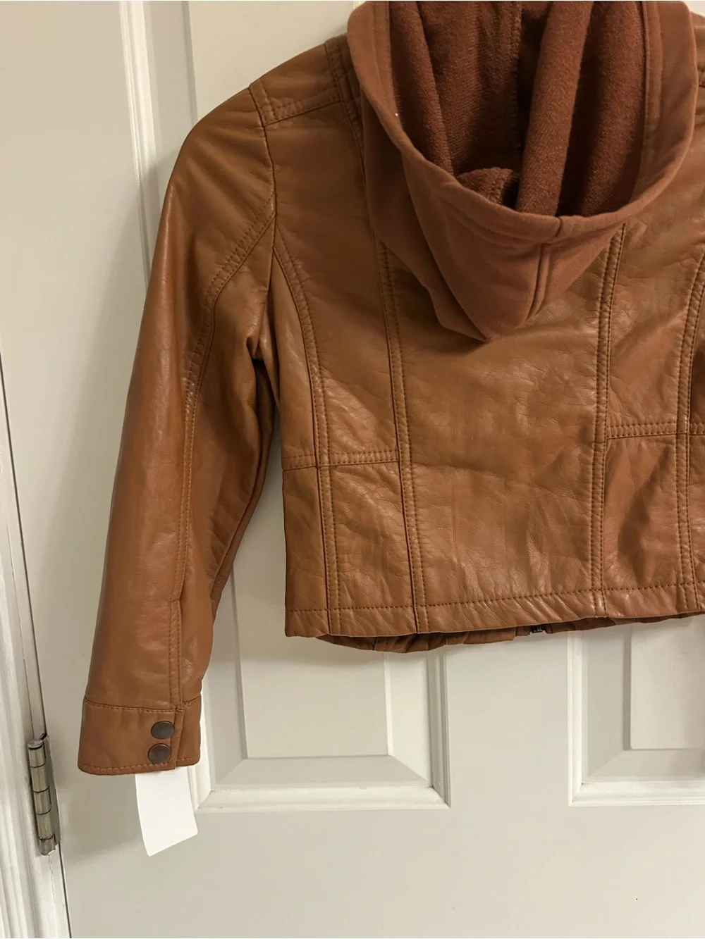 NWT-Girls Hooded Mocha Faux Leather Moto Jacket - Tan